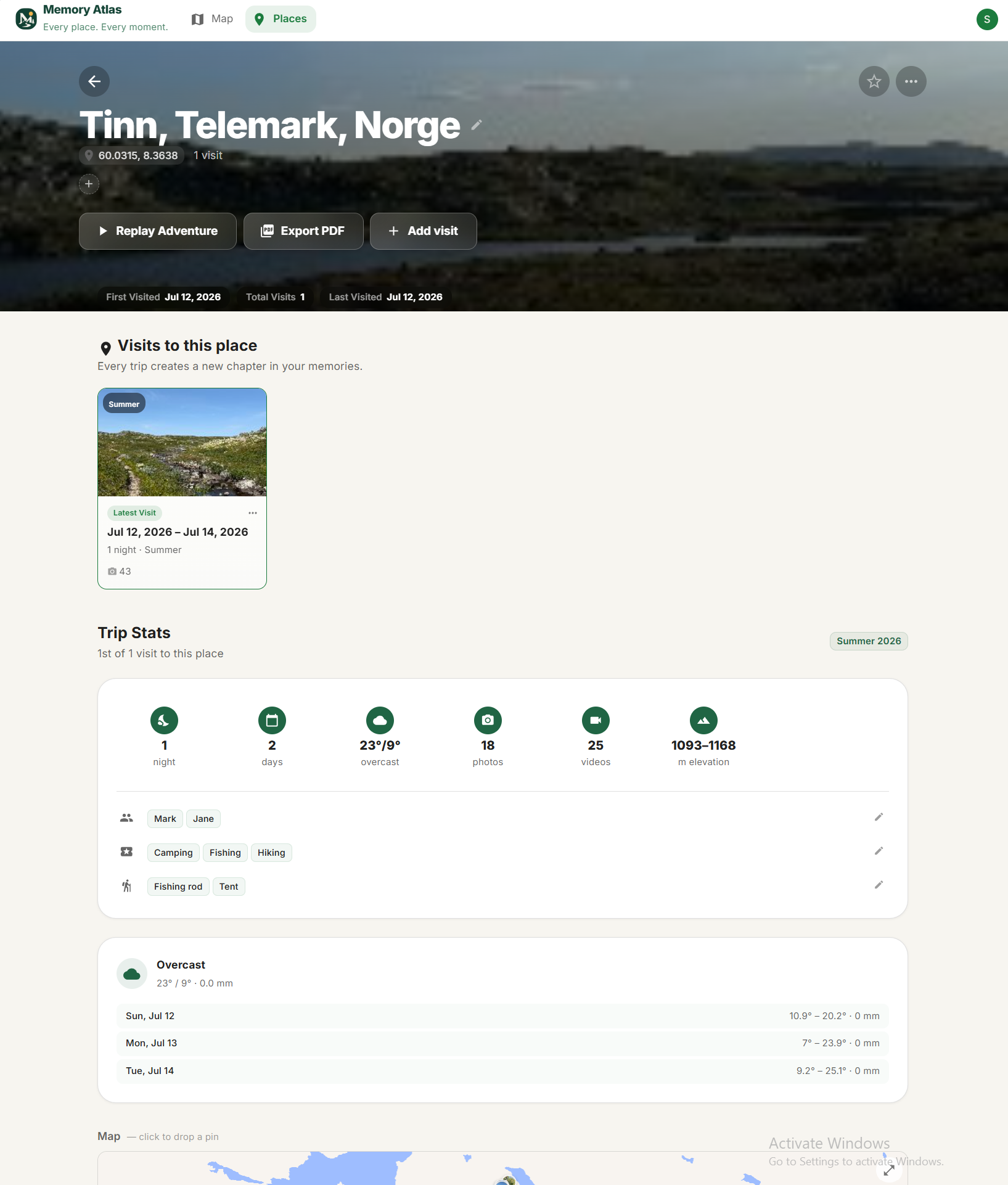 Le organizziamo in luoghi e visite — screenshot dell'app Memory Atlas