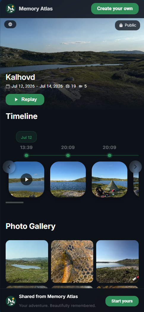 Condividi i viaggi con un link — screenshot dell'app Memory Atlas