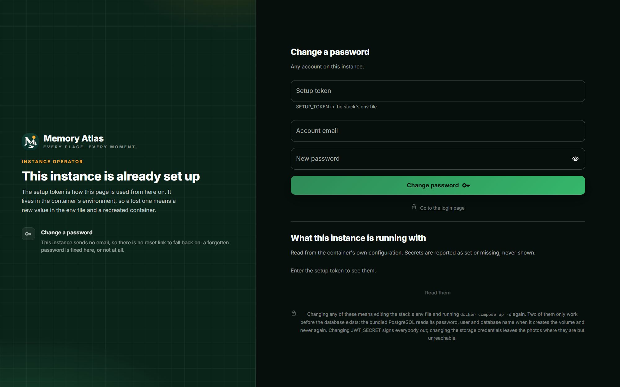 Die Einrichtungsseite einer bereits eingerichteten Instanz: Feld für das Setup-Token, darunter die E-Mail des Kontos, ein neues Passwort und die Schaltfläche Change password.